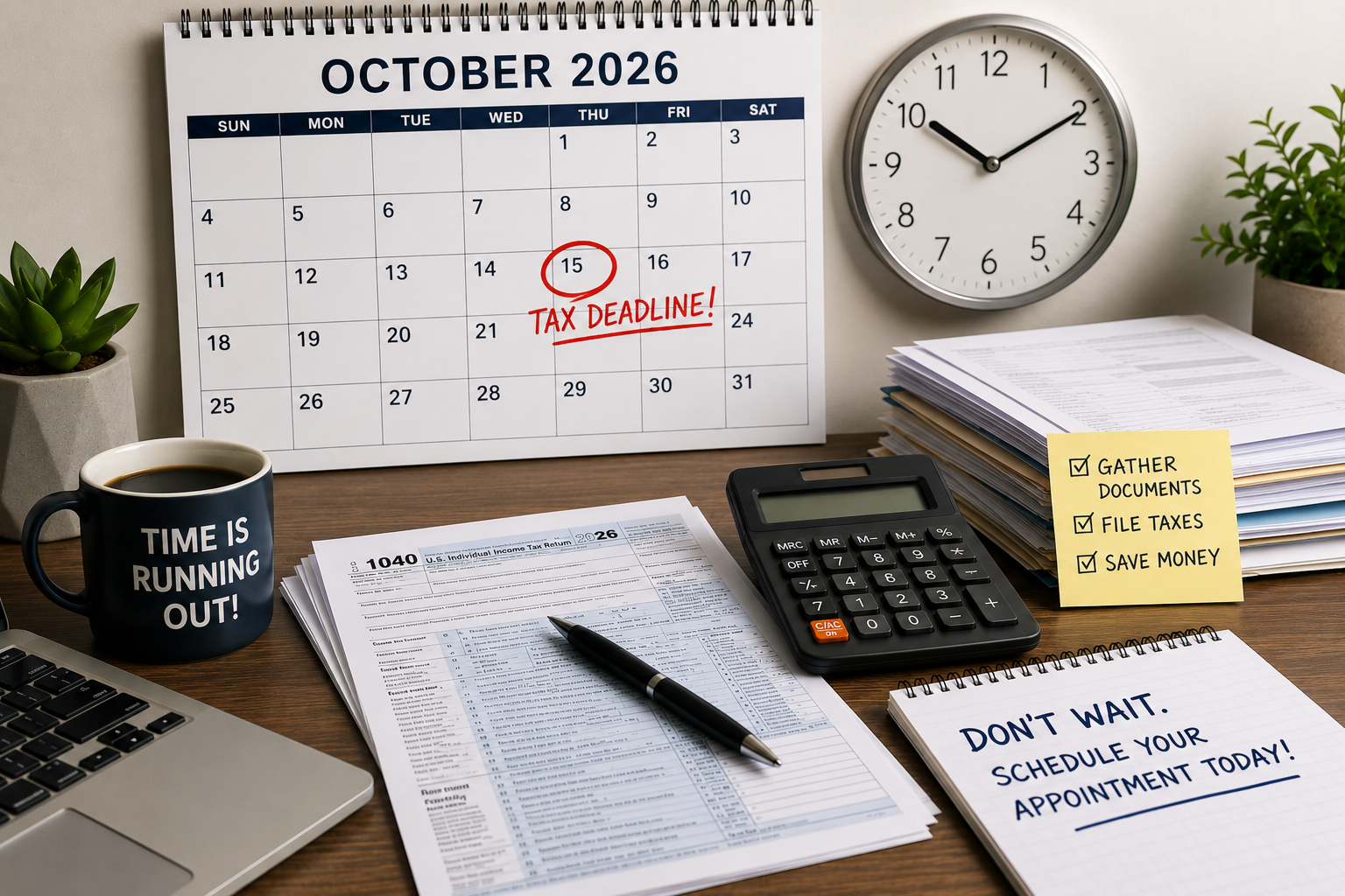 Tax deadline calendar with documents and calculator on a desk