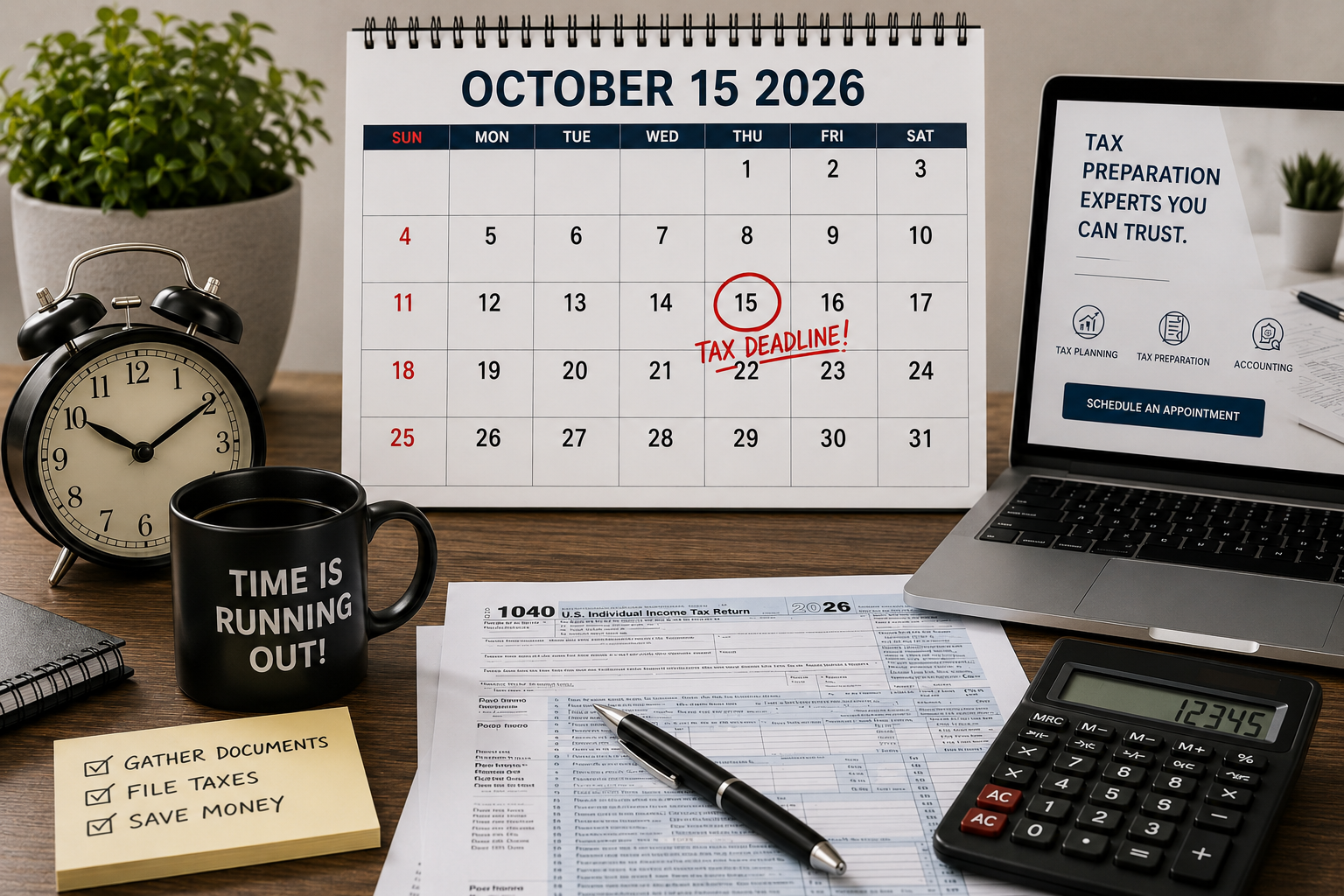 Desk reminder to schedule a tax appointment before the October 15 deadline